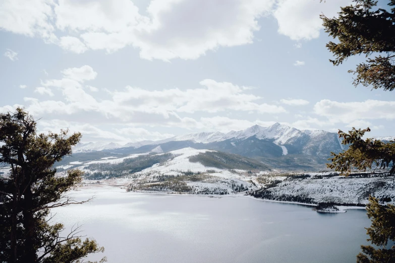 trees, a mountain and a body of water stand in front of a snowy - covered landscape