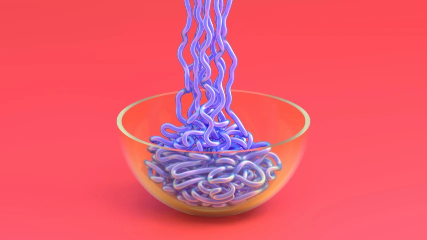 a bowl of noodles with purple soup in it