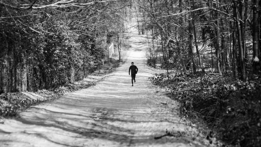 the person is walking down the road in the woods