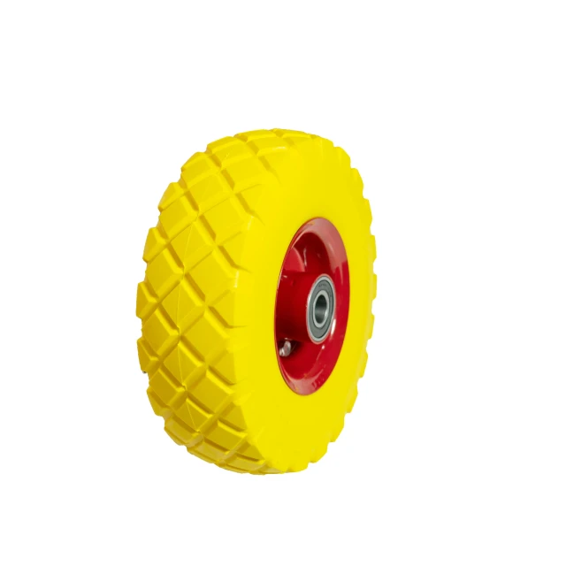 a yellow wheel with red wheelbarrows and a red wheelbarrow