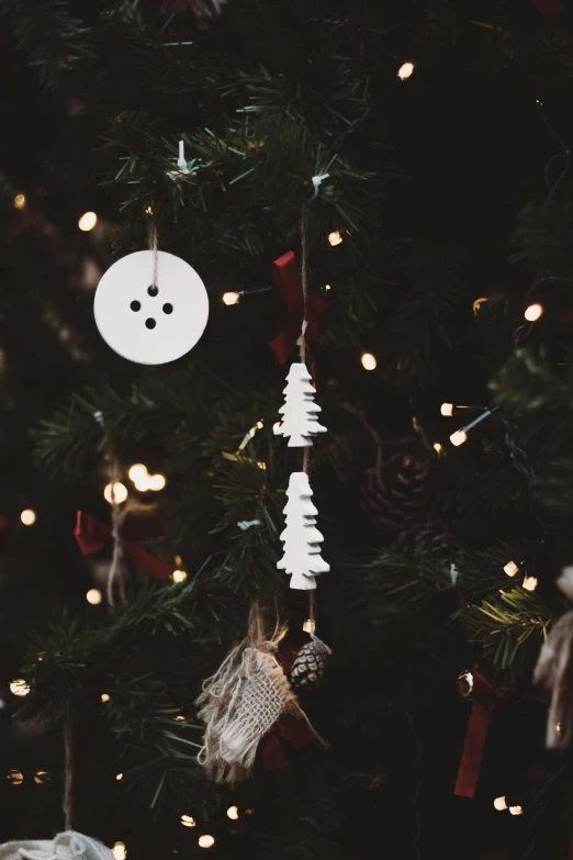 an ornament is hanging from a christmas tree