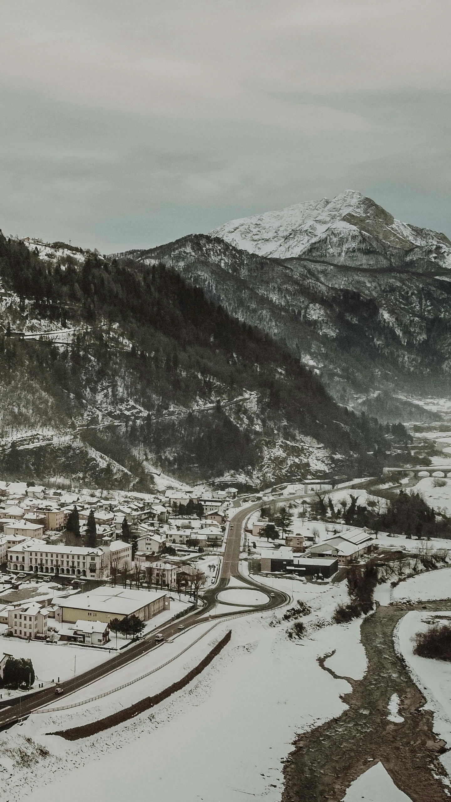 there are snowy mountains, trees, and buildings in the distance