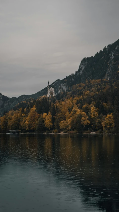 a lake that has some trees with yellow leaves