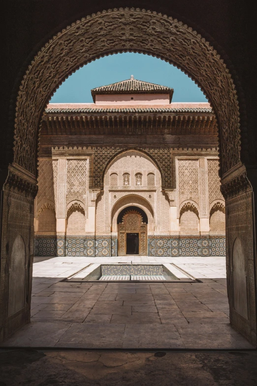 a picture of an ancient building taken from under