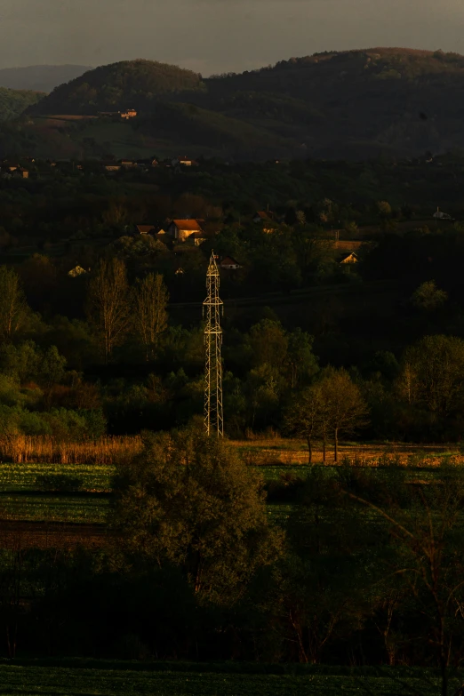 a small tower on the side of a mountain surrounded by trees