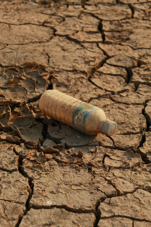 a bottle laying on ed ground that is being used as a stop sign