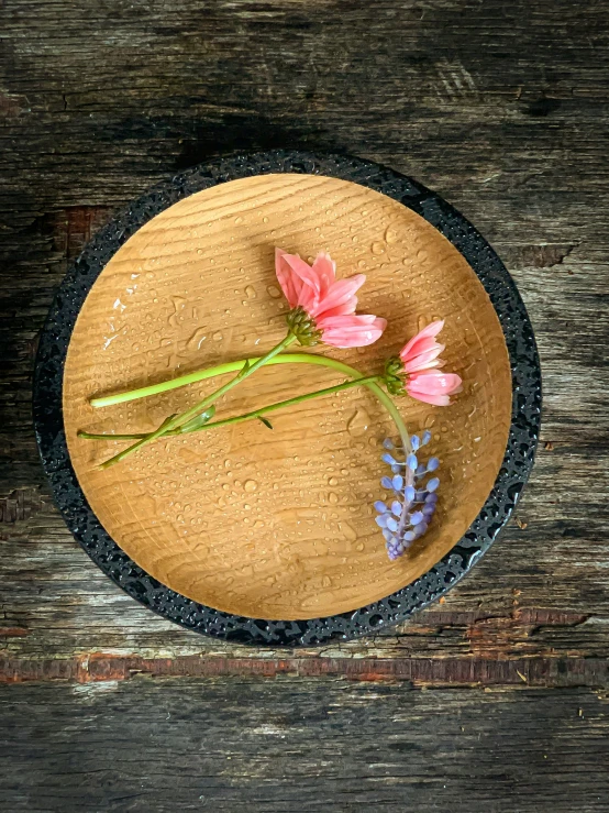 two flowers laying in a black bowl on top of a wooden table