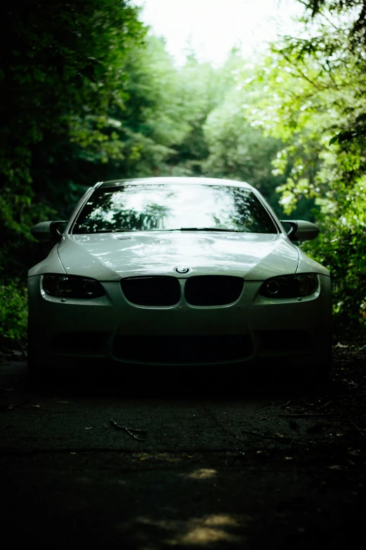 a car parked on the side of a road in the woods