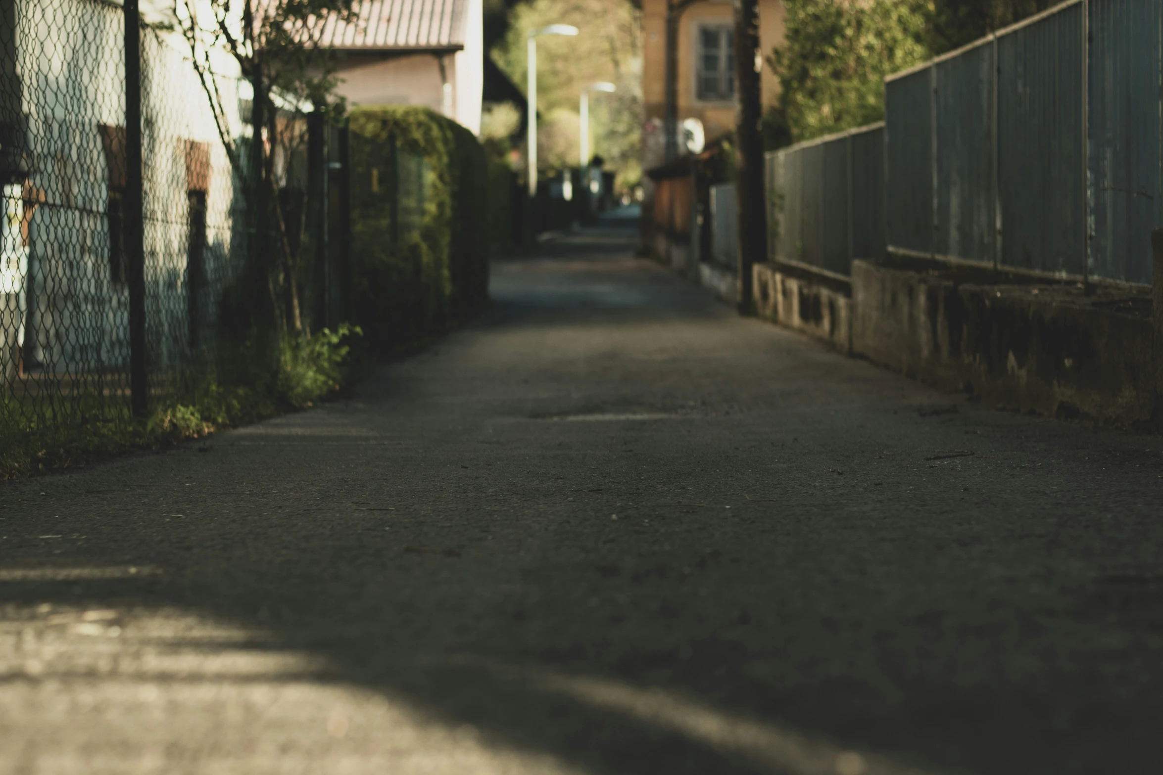 a path with a stop sign in between buildings