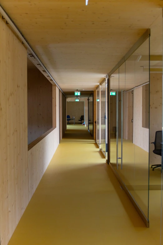 a hallway that has glass walls along one side and light on the other