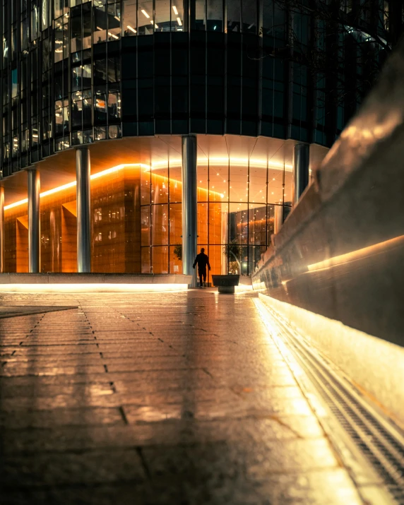 a person is standing near a building at night