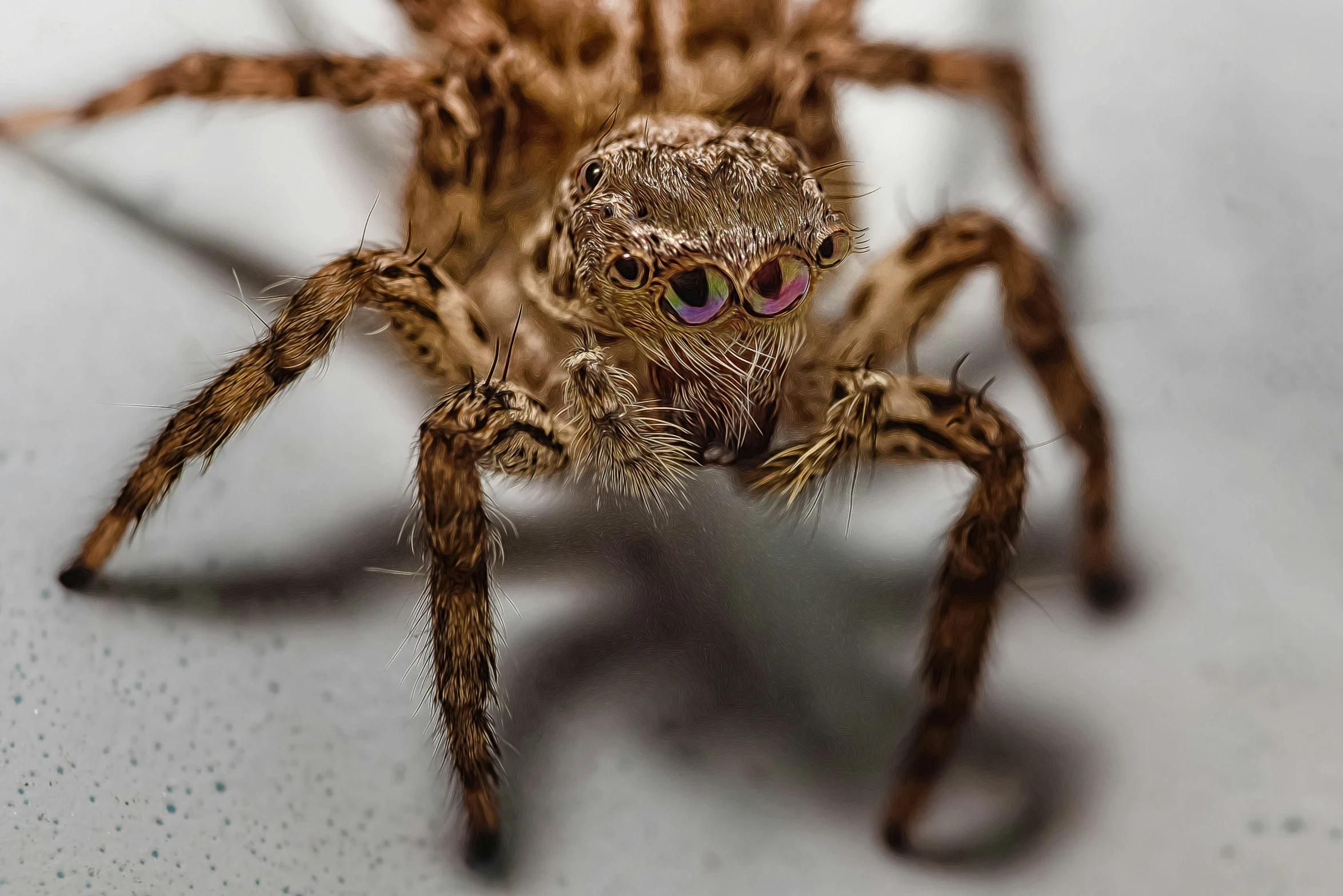 a big brown spider with green eyes and large legs