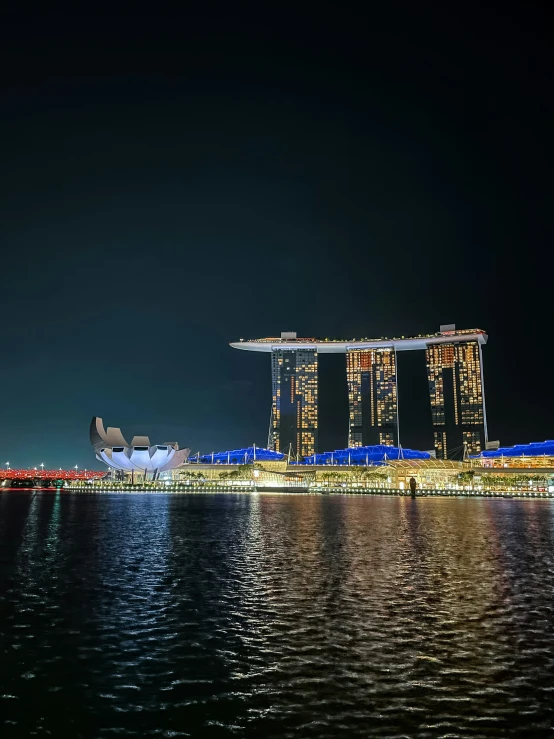 a picture of the singapore skyline taken at night time