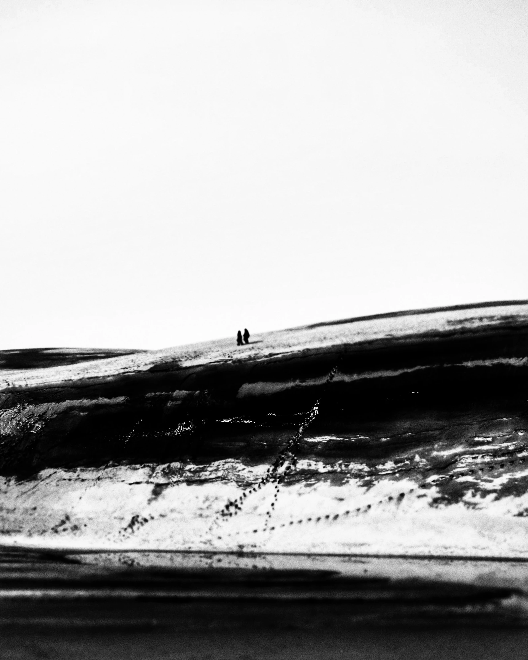 a black and white po of two people walking in the snow