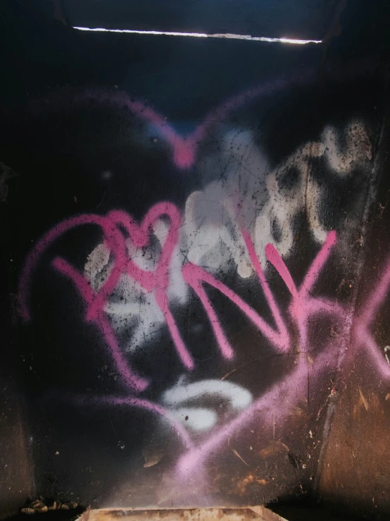 the graffiti in this po is vandalized with pink spray paint