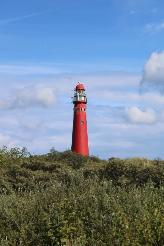 an image of a red lighthouse on top of the grass