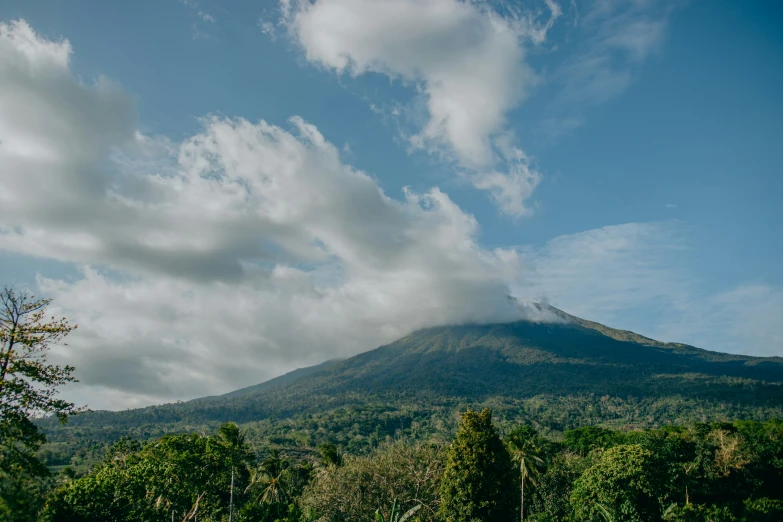 a large mountain with some clouds in the background