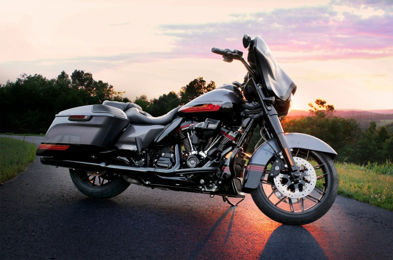 a large motorcycle sits on the side of the road