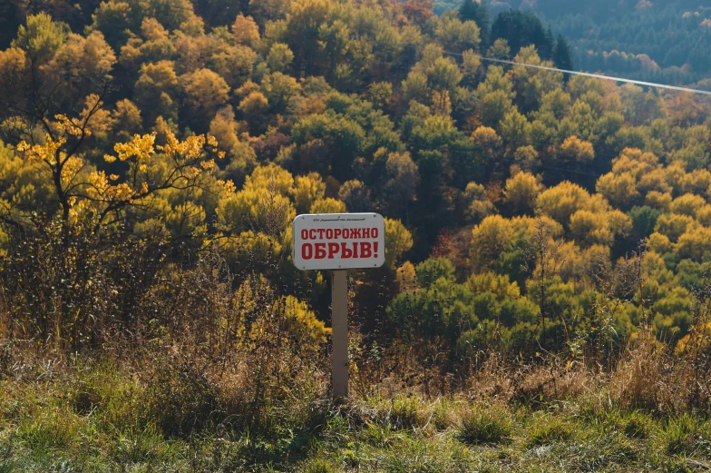 a sign in front of some grass and trees