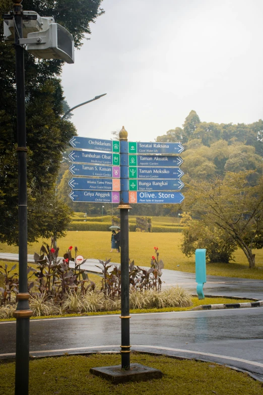 a large blue and white sign sitting in the rain