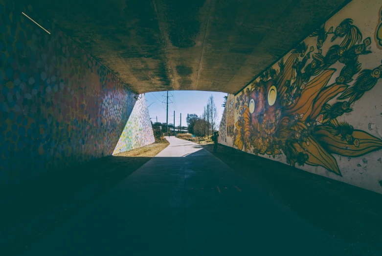 a hallway with a street going underneath and a graffiti wall