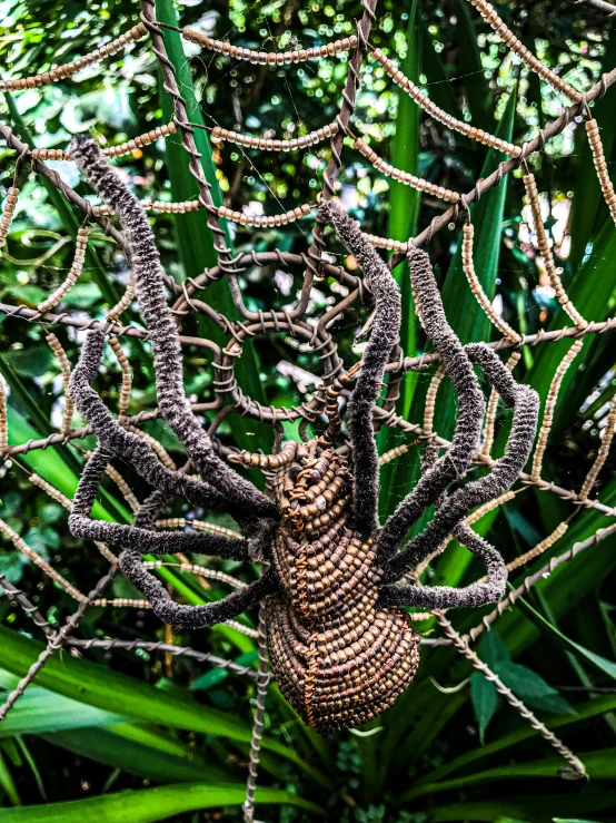 an elaborate and intricately decorated spider in a tree