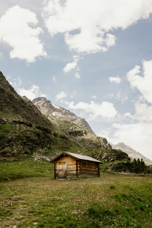 a grassy field with a small cabin and mountain in the background