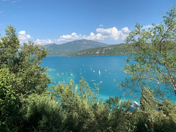 the blue water has many boats out on it