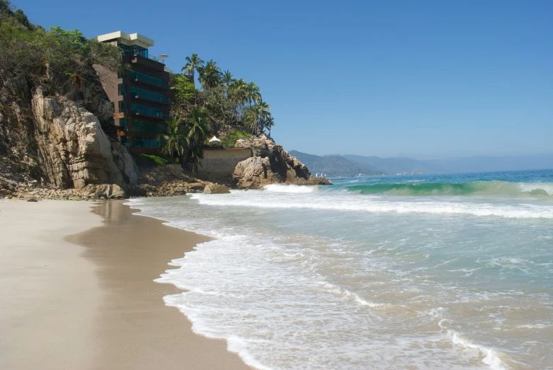 a beach with two buildings next to it