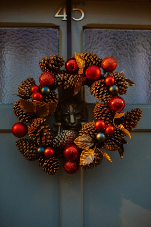 a christmas wreath hanging on the door