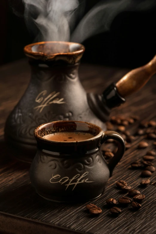 steaming coffee is coming from a carafe on top of the table