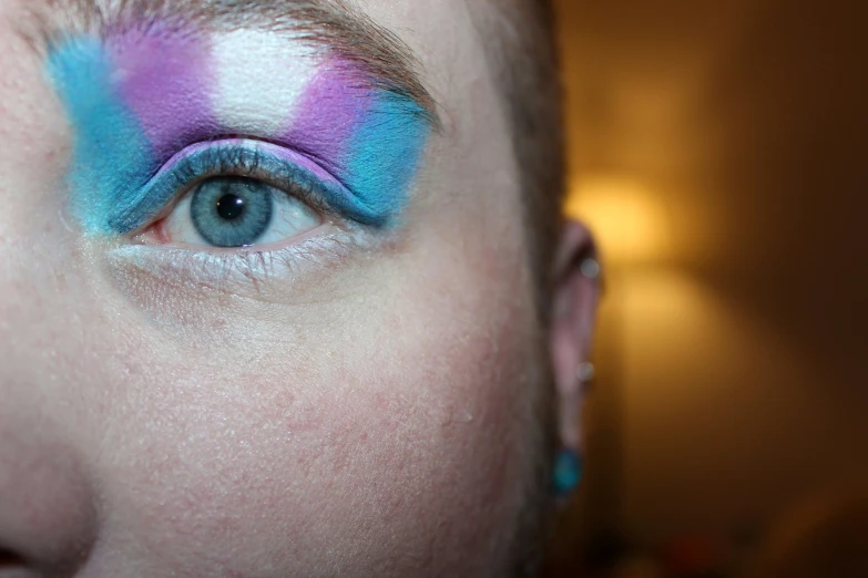 the right side of a woman's eye, with bright blue and pink makeup