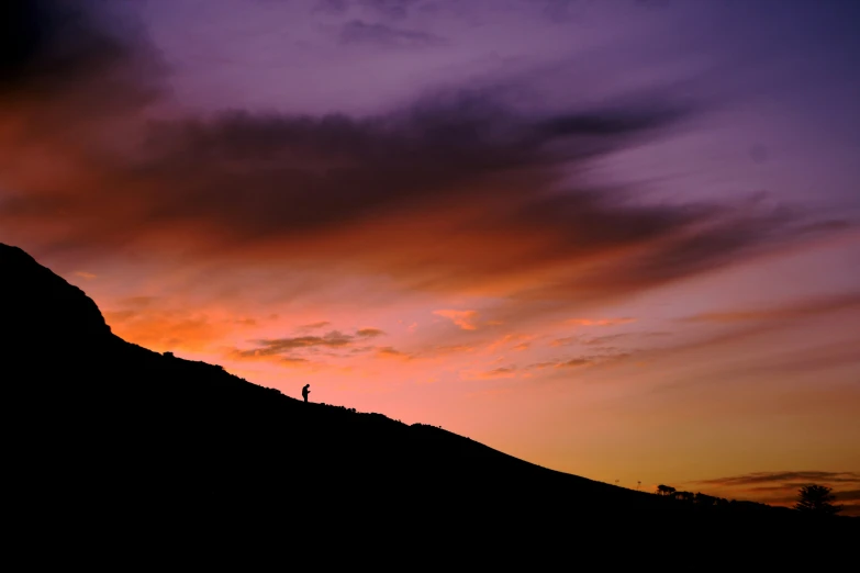 two people standing on a hill at sunset with the sun setting behind them