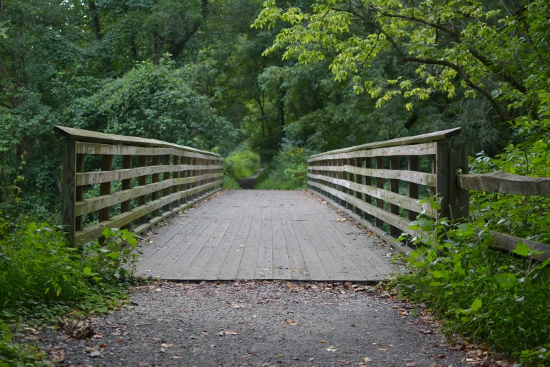 a wood pedestrian bridge crossing over a creek