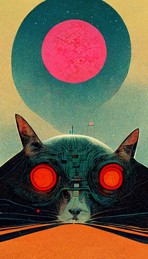 an artistic, stylized artwork shows a cat looking at soing red