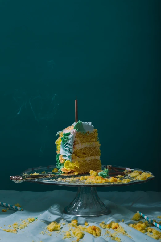 a cake sitting on a plate covered in yellow icing