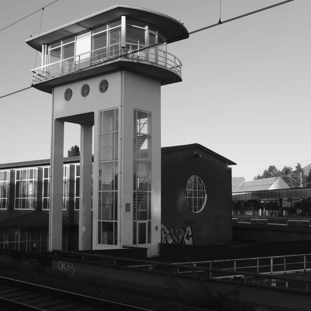a black and white po of a control tower