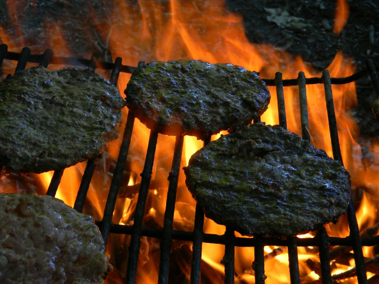 two hamburgers cooking on an outdoor grill