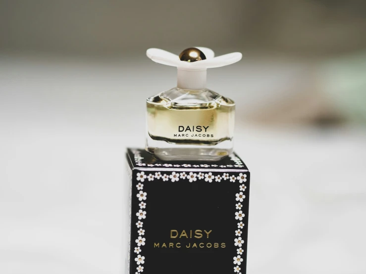 an empty perfume bottle with a white flower and insect atop it