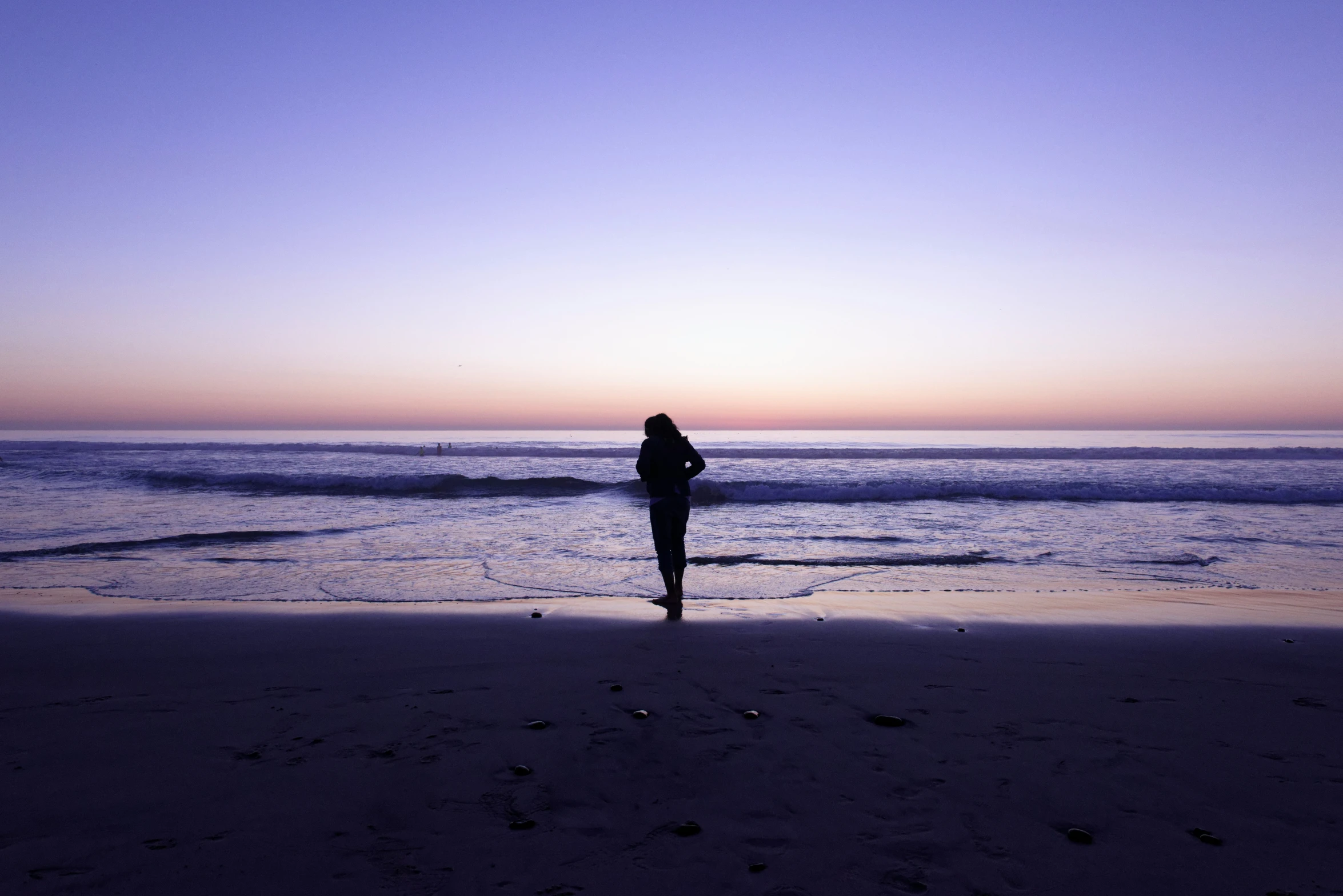 a person standing on the shore at sunset