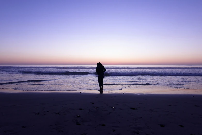 a person standing on the shore at sunset