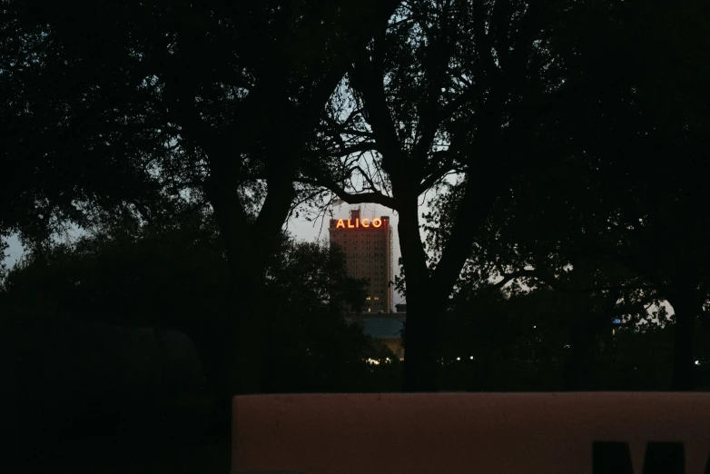 a tall building is silhouetted by trees