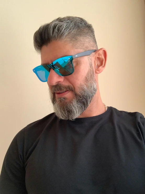 a man with a beard and blue sunglasses