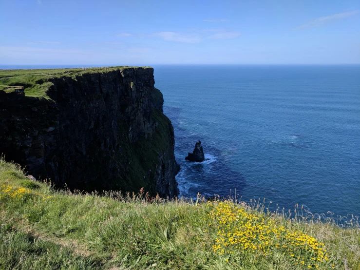 a grassy field overlooking the sea with a steep cliff in the foreground