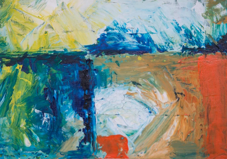 an abstract painting of bright blue, yellow, red, and green