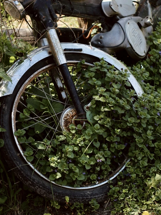 an old bicycle is resting on the ground