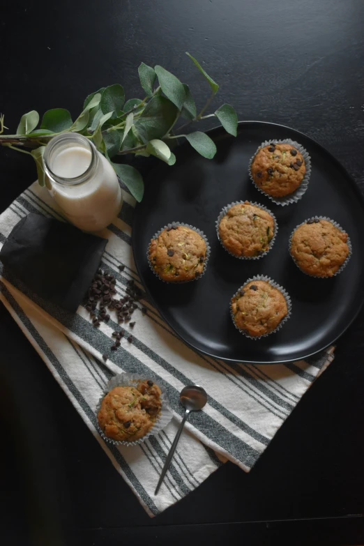 muffins on a plate with flowers and a glass of milk