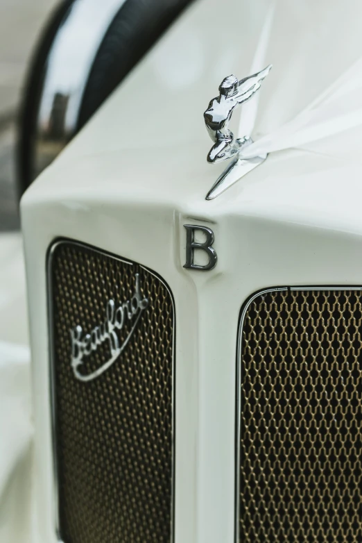 a close up s of the emblem on the front of a white car