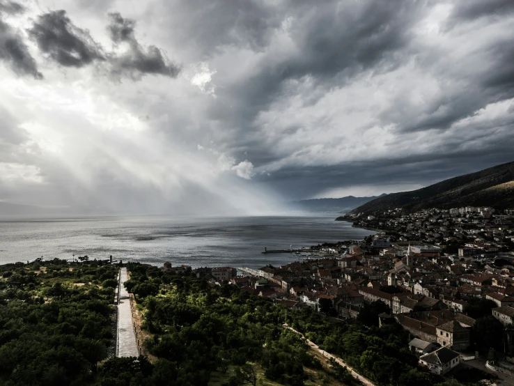 an aerial view looking down at the town from above