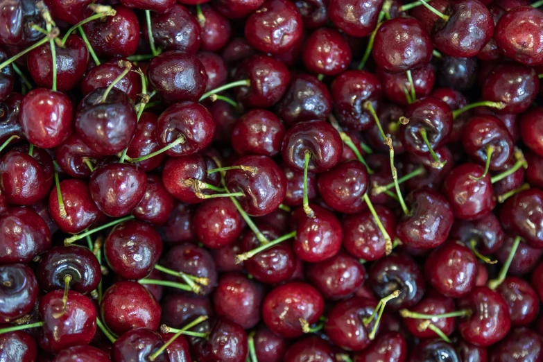 many pieces of fruit with some green leaves